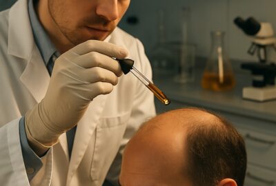 Researcher applying golden onion juice serum to man's balding scalp in laboratory