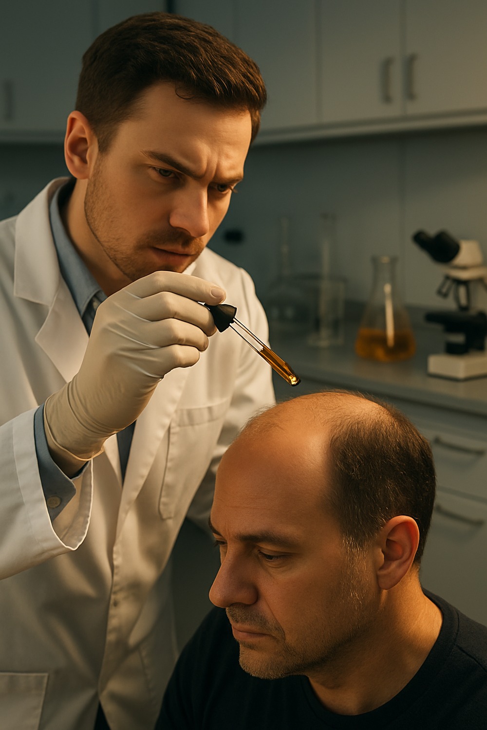 Researcher applying golden onion juice serum to man
