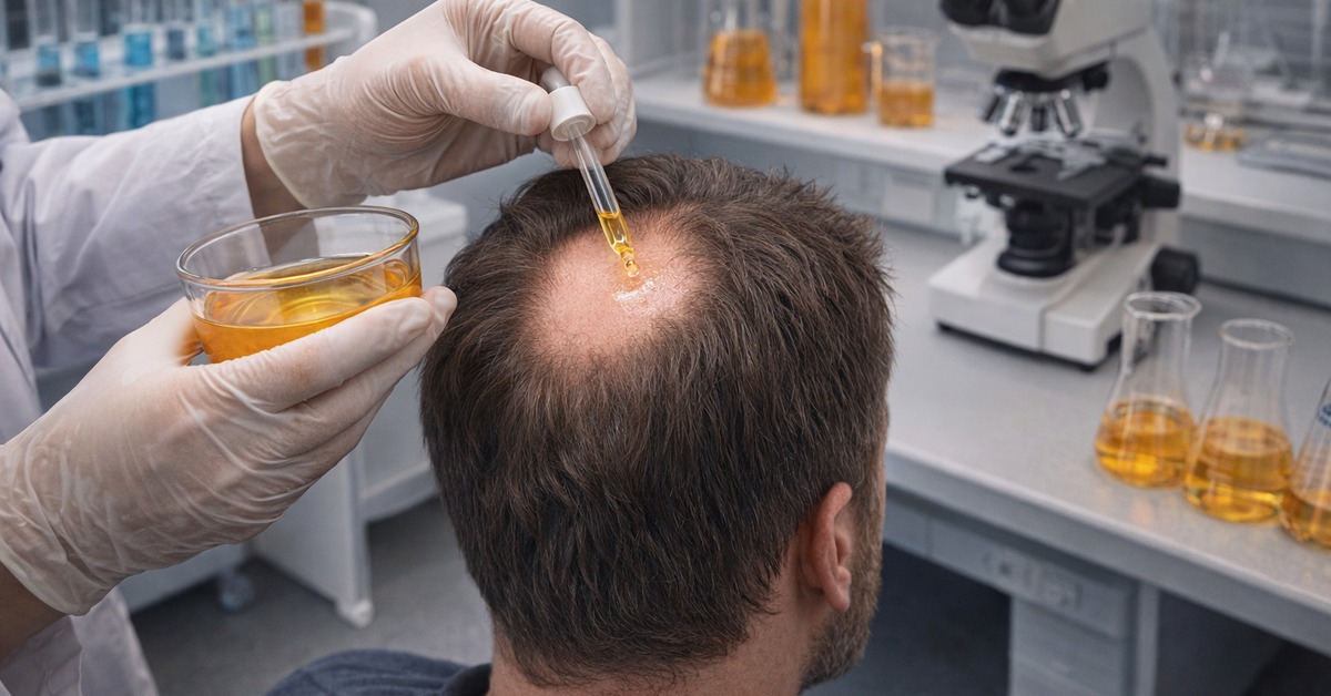 Close-up of gloved hands using glass dropper on thinning crown in clinical lab