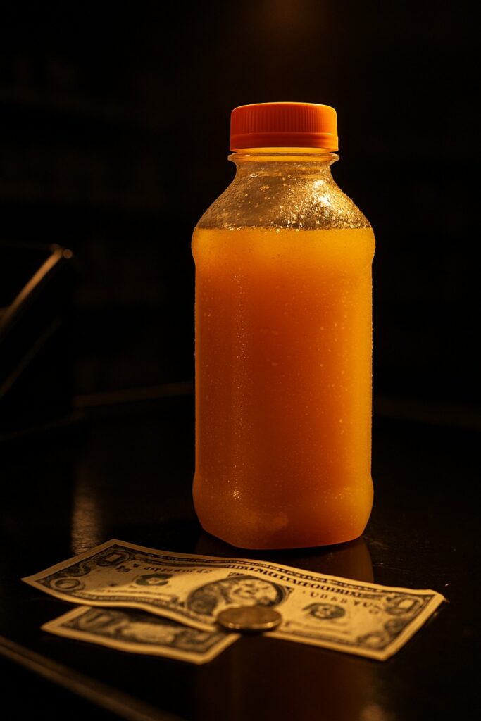 A clear bottle of orange juice beside dollar bills on a dark grocery checkout counter