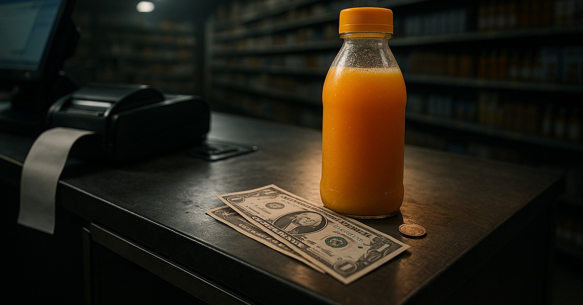 Orange juice bottle glowing under spotlight on a dimly lit retail register counter