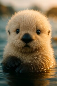 Adult sea otter cradling a fluffy pale pup at the water's surface in golden light