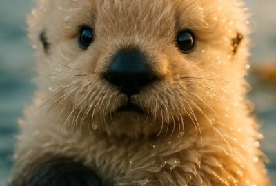 Adult sea otter cradling a fluffy pale pup at the water's surface in golden light