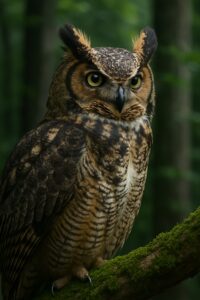 Great Horned Owl with erect ear tufts perched on a moss-covered forest branch