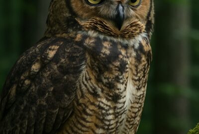 Great Horned Owl with erect ear tufts perched on a moss-covered forest branch