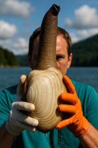 Person holding a massive Pacific geoduck clam with long extended siphon outdoors