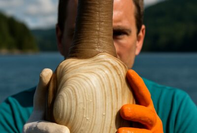 Person holding a massive Pacific geoduck clam with long extended siphon outdoors