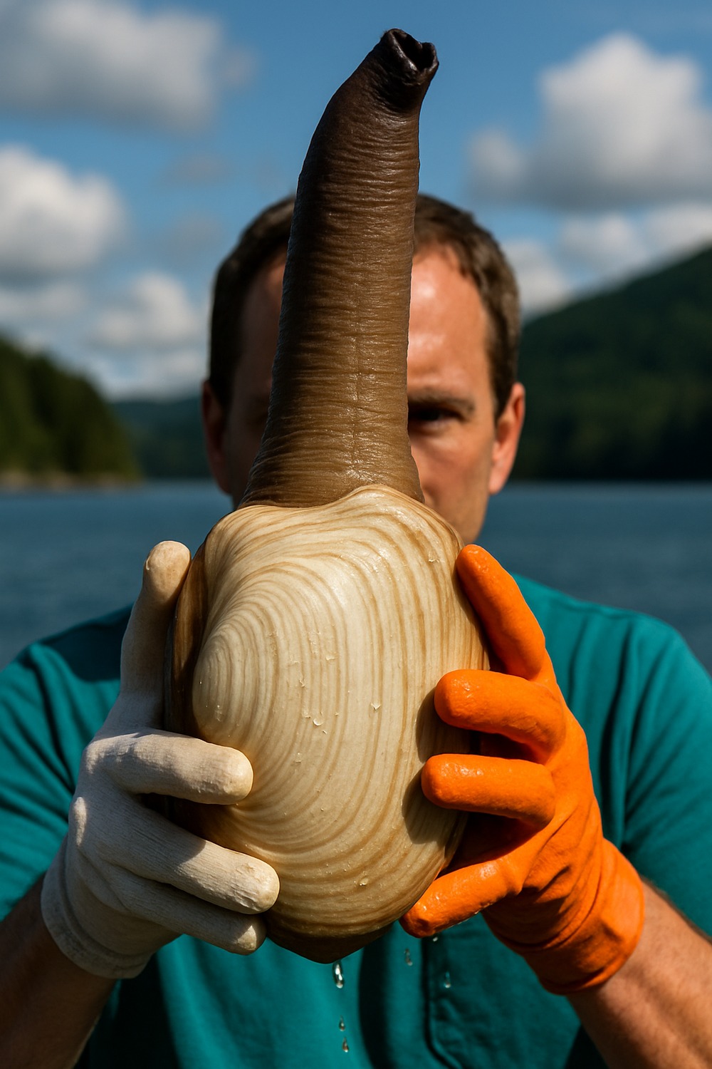Person holding a massive Pacific geoduck clam with long extended siphon outdoors