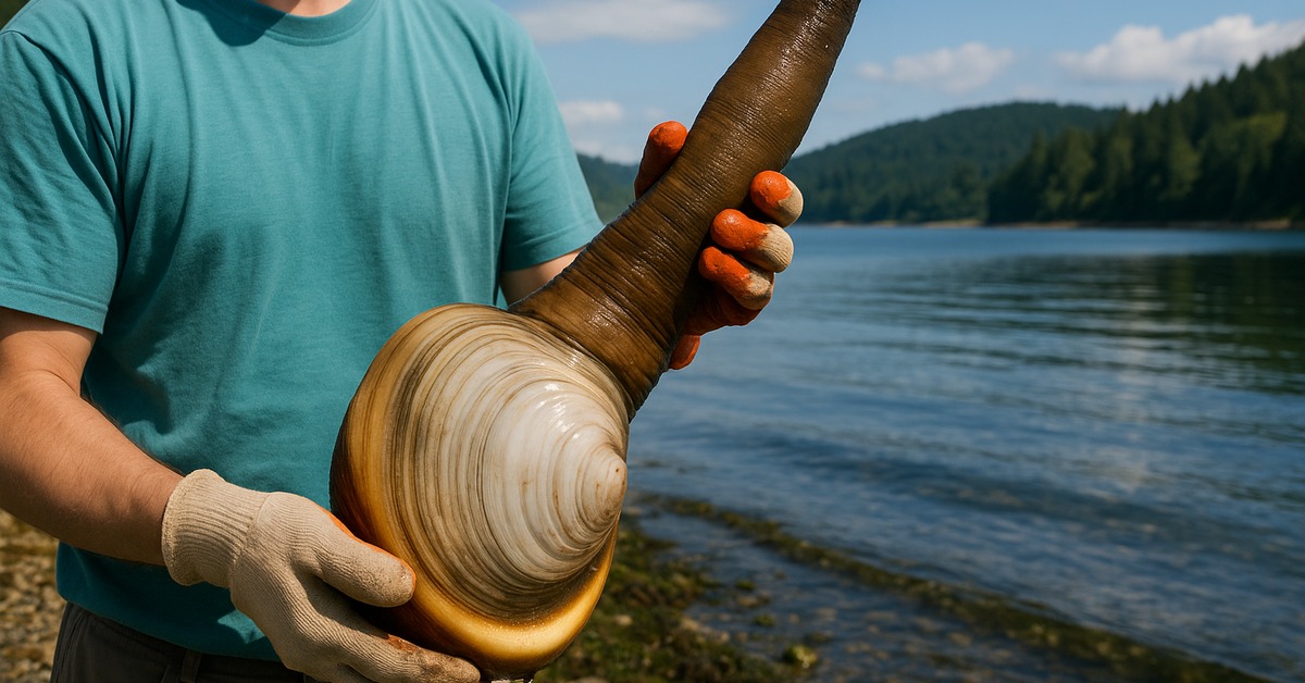 Close-up of Pacific geoduck shell and siphon dripping with seawater on coastline