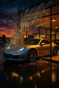 Silver Porsche 911 crashed through glass showroom façade at golden hour dusk
