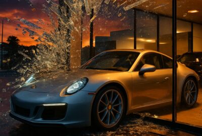 Silver Porsche 911 crashed through glass showroom façade at golden hour dusk