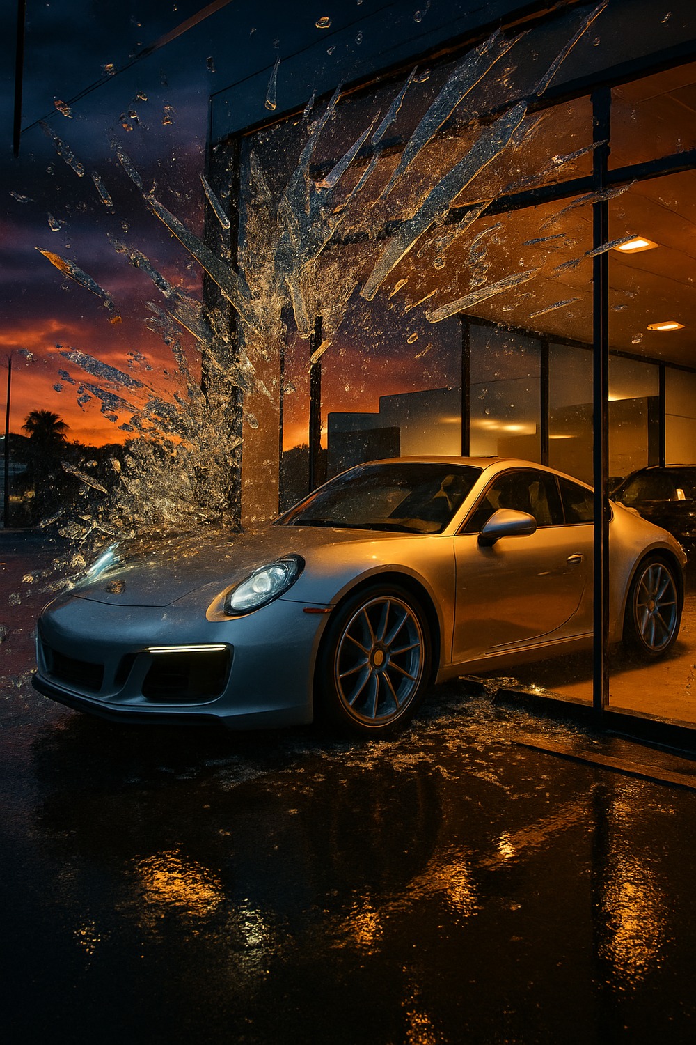 Silver Porsche 911 crashed through glass showroom façade at golden hour dusk