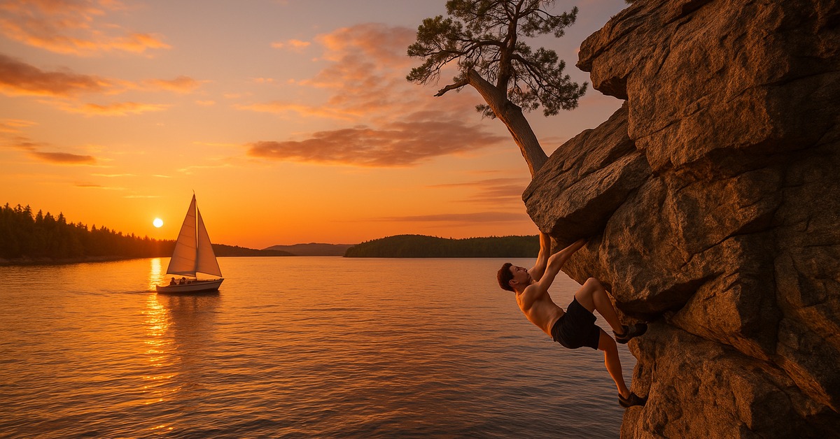 Sailboat gliding across calm lake surface beneath dramatic overhanging cliff face