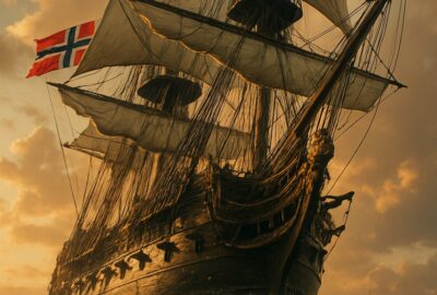 18th-century Norwegian square-rigged warships sailing open ocean in golden afternoon light