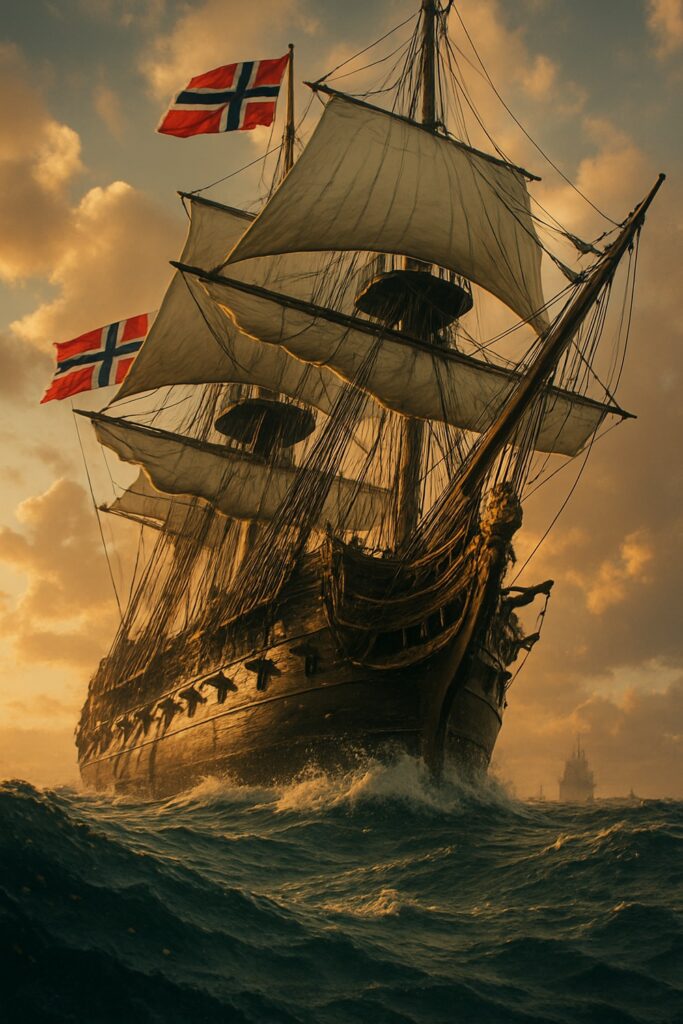 18th-century Norwegian square-rigged warships sailing open ocean in golden afternoon light