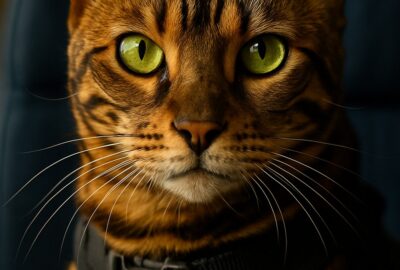 Alert Bengal cat in black harness sitting in airplane window seat during flight