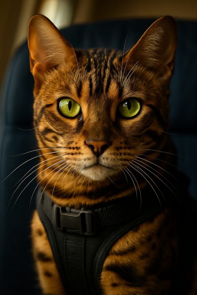 Alert Bengal cat in black harness sitting in airplane window seat during flight