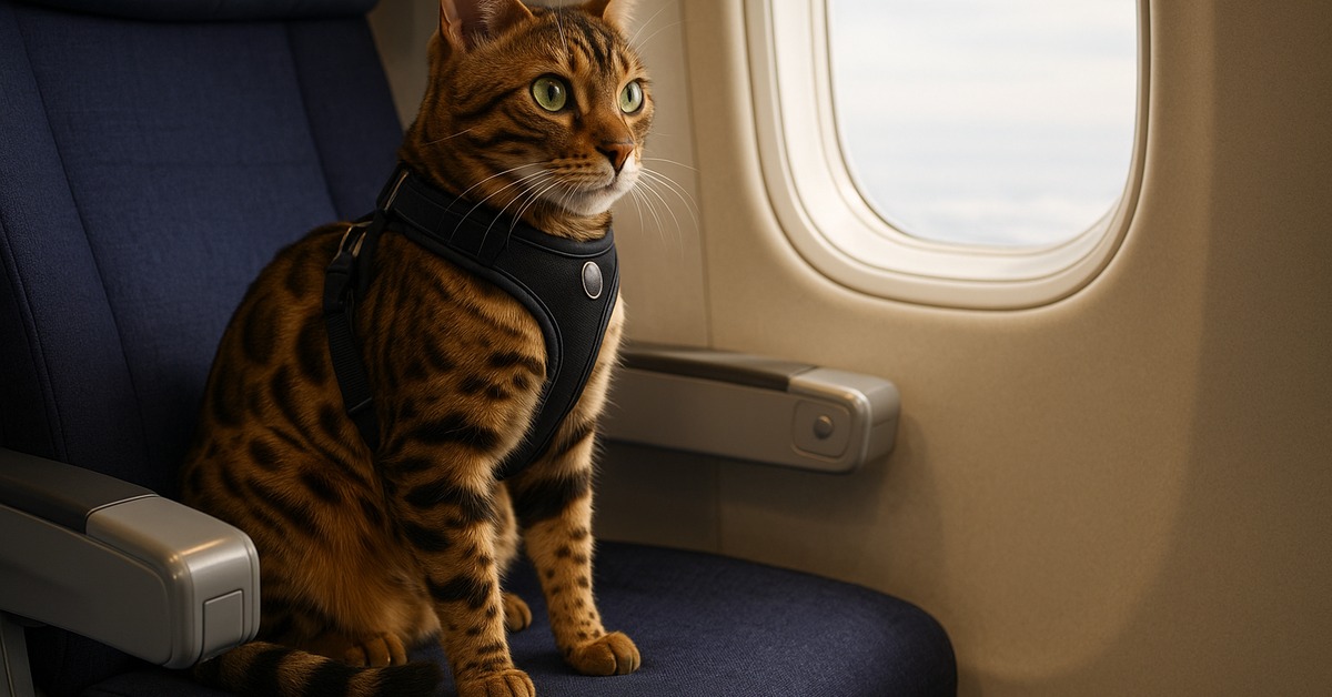 Bengal cat with green eyes gazing out oval airplane window at cloudy sky below