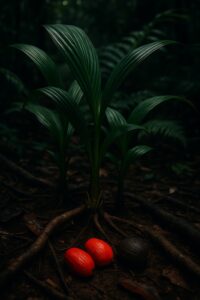 Vivid red palm seeds resting on a dark tropical rainforest floor among roots