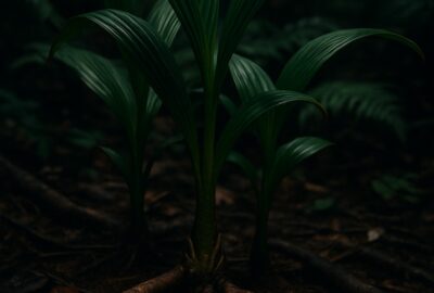 Vivid red palm seeds resting on a dark tropical rainforest floor among roots