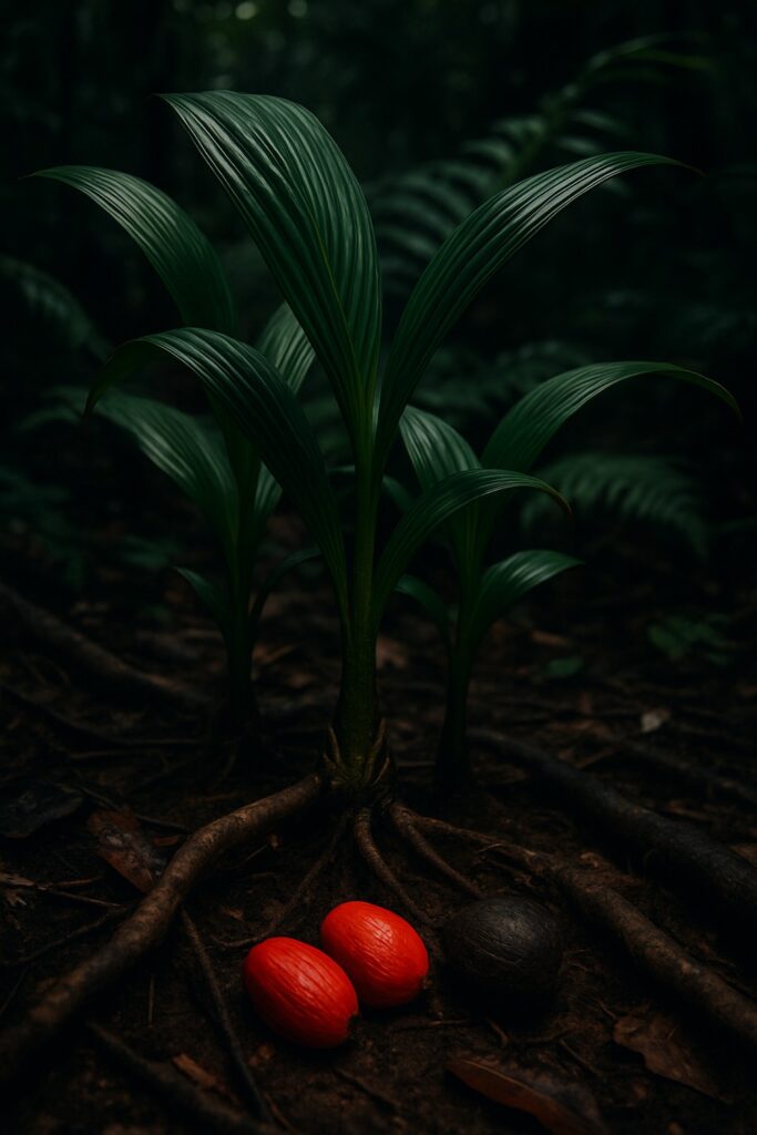 Vivid red palm seeds resting on a dark tropical rainforest floor among roots