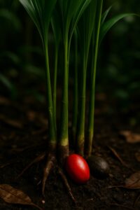 Glossy red-orange palm fruit resting on dark tropical forest floor among roots