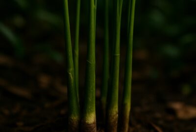 Glossy red-orange palm fruit resting on dark tropical forest floor among roots