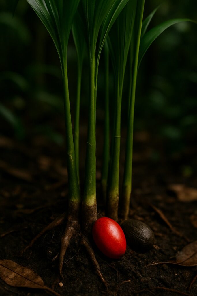 Glossy red-orange palm fruit resting on dark tropical forest floor among roots