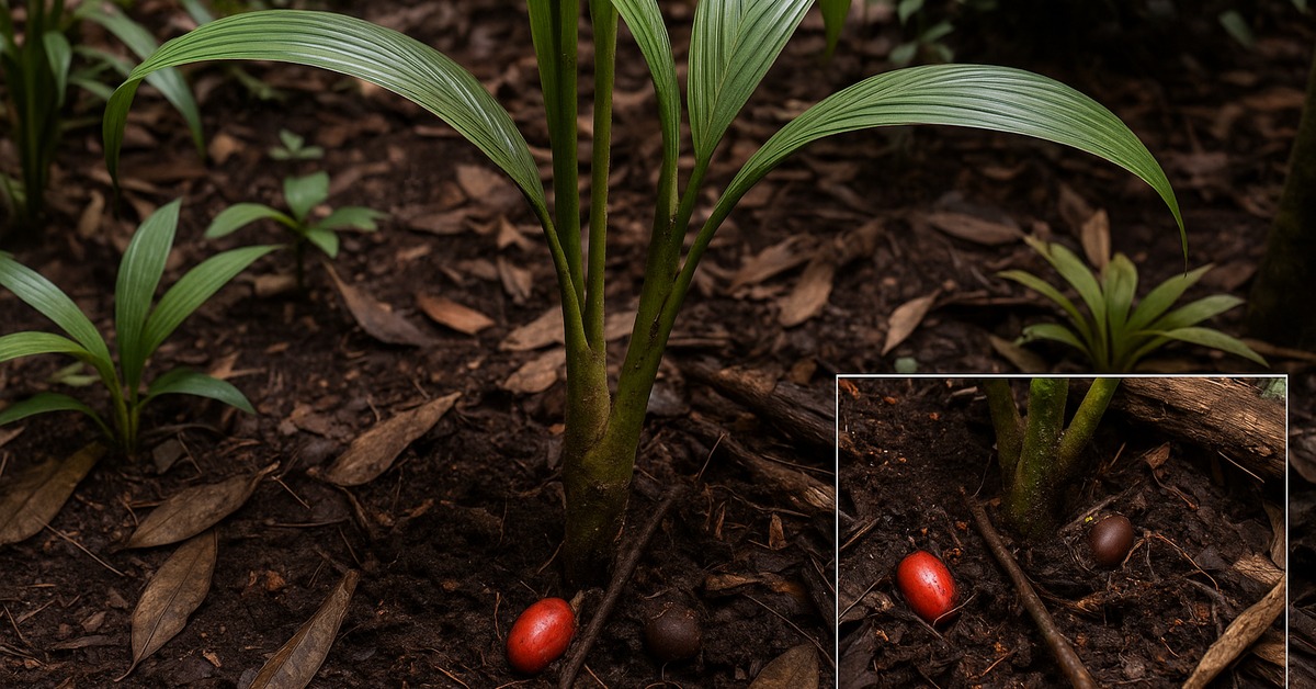 Close macro view of ripe and unripe palm fruits nestled in rich rainforest soil
