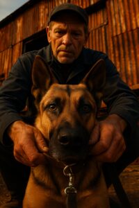 Two men in dark jackets handle a German Shepherd on leash in a rust-toned salvage yard