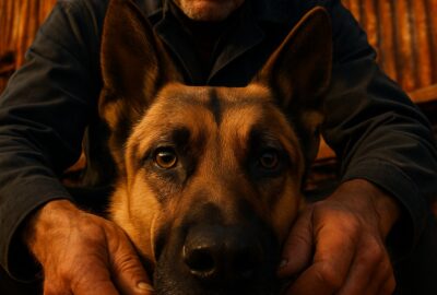Two men in dark jackets handle a German Shepherd on leash in a rust-toned salvage yard