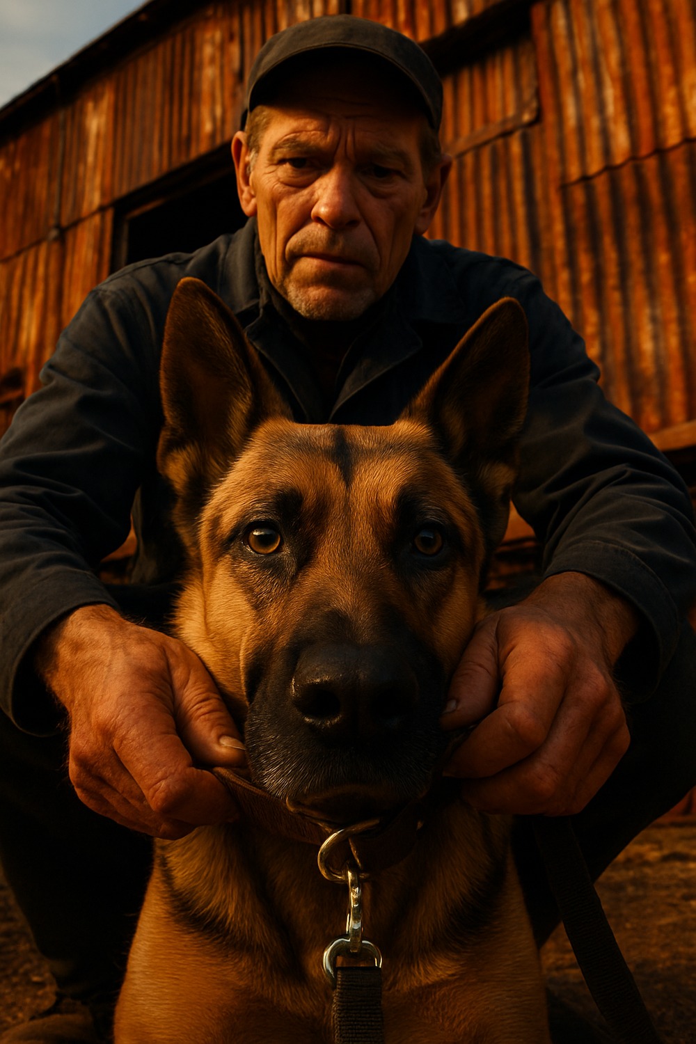 Two men in dark jackets handle a German Shepherd on leash in a rust-toned salvage yard
