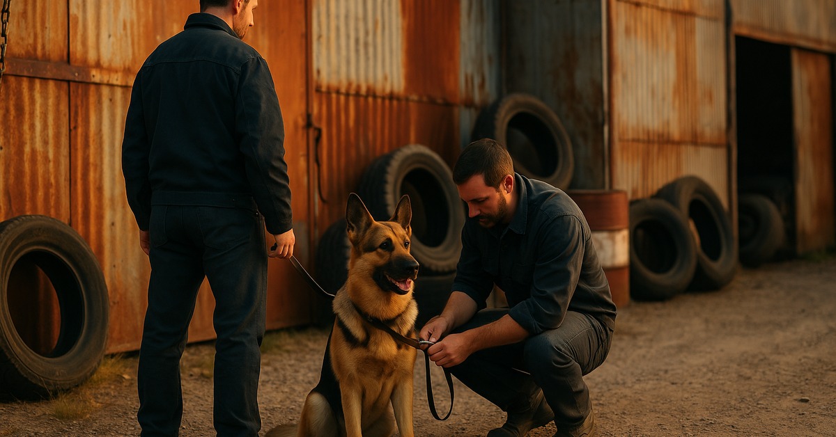 Man crouching beside a German Shepherd in an amber-lit industrial salvage yard setting
