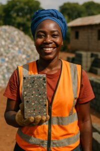 Woman construction worker smiling while stacking colorful speckled recycled plastic bricks outdoors