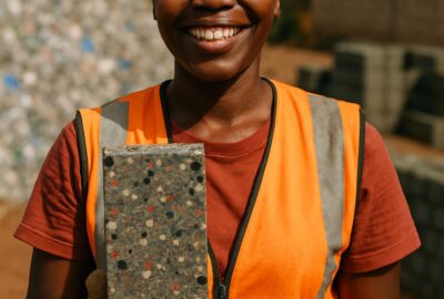Woman construction worker smiling while stacking colorful speckled recycled plastic bricks outdoors