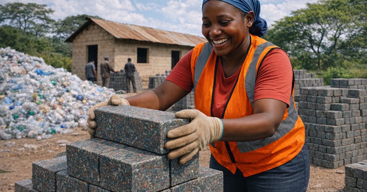 Close-up of multicolored compressed plastic bricks stacked at an African construction site