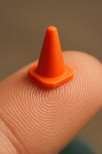 Tiny orange Playmobil traffic cone balanced on a human fingertip showing miniature scale