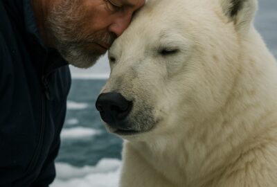 Man kneeling on Arctic sea ice embracing a calm reclining polar bear