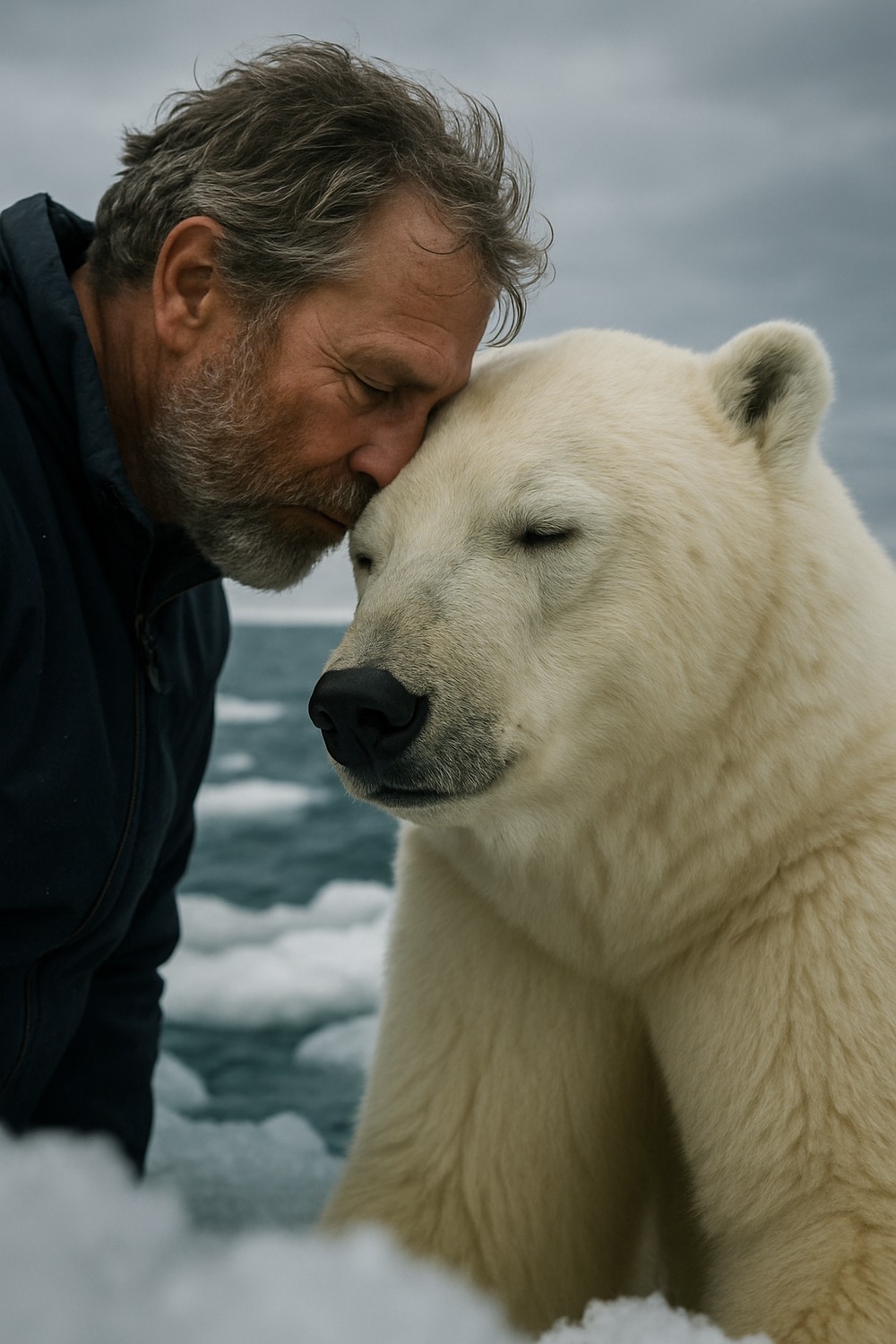 Man kneeling on Arctic sea ice embracing a calm reclining polar bear