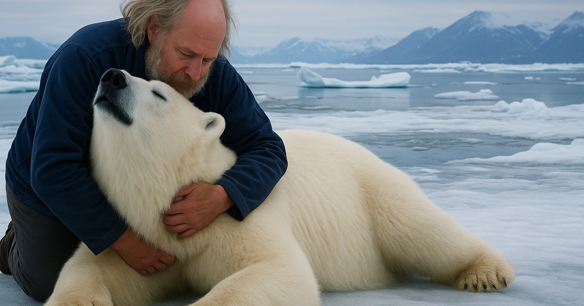Polar bear resting on sea ice beside a man in navy jacket wide shot