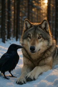A gray wolf and raven facing each other in a snowy Yellowstone forest at golden hour