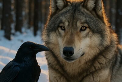 A gray wolf and raven facing each other in a snowy Yellowstone forest at golden hour