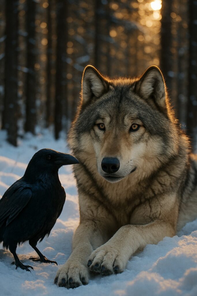 A gray wolf and raven facing each other in a snowy Yellowstone forest at golden hour