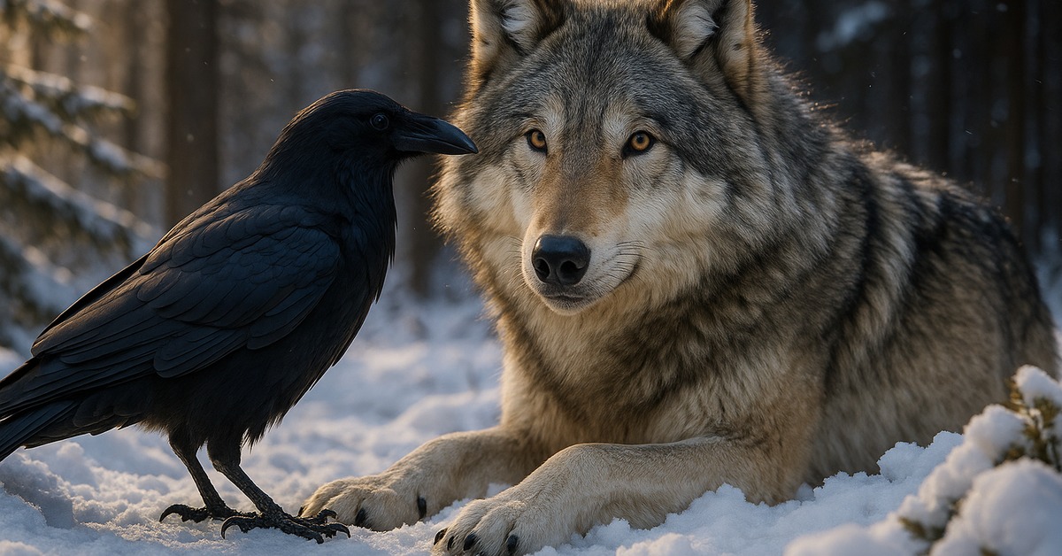 Raven perched close to a resting wolf seen from a wide forest angle in winter snow