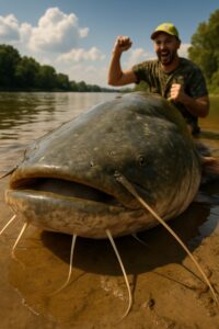 Angler kneeling behind a massive 9.4-foot wels catfish on the River Po shoreline