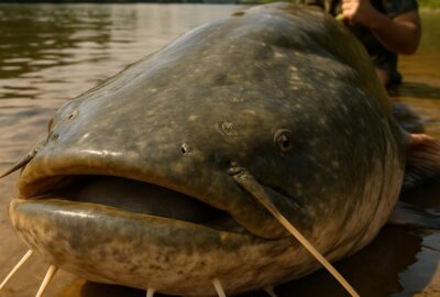 Angler kneeling behind a massive 9.4-foot wels catfish on the River Po shoreline