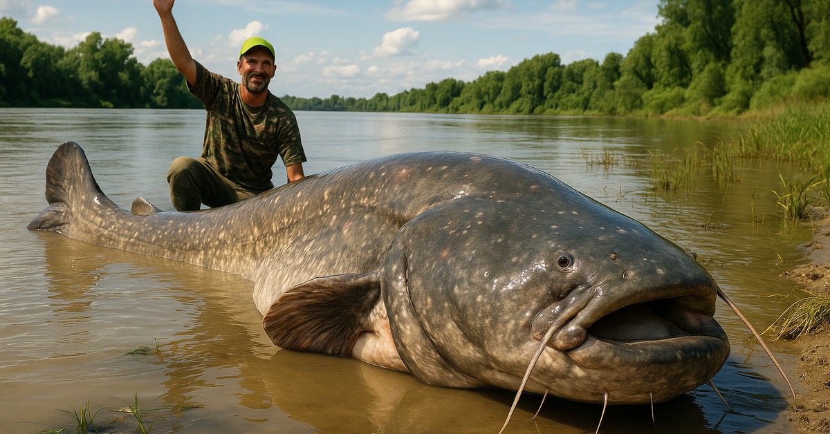 Enormous wels catfish lying in shallow river water showing full body length and scale