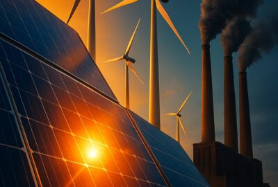 Solar panels and wind turbines contrast sharply with a coal power plant at sunset