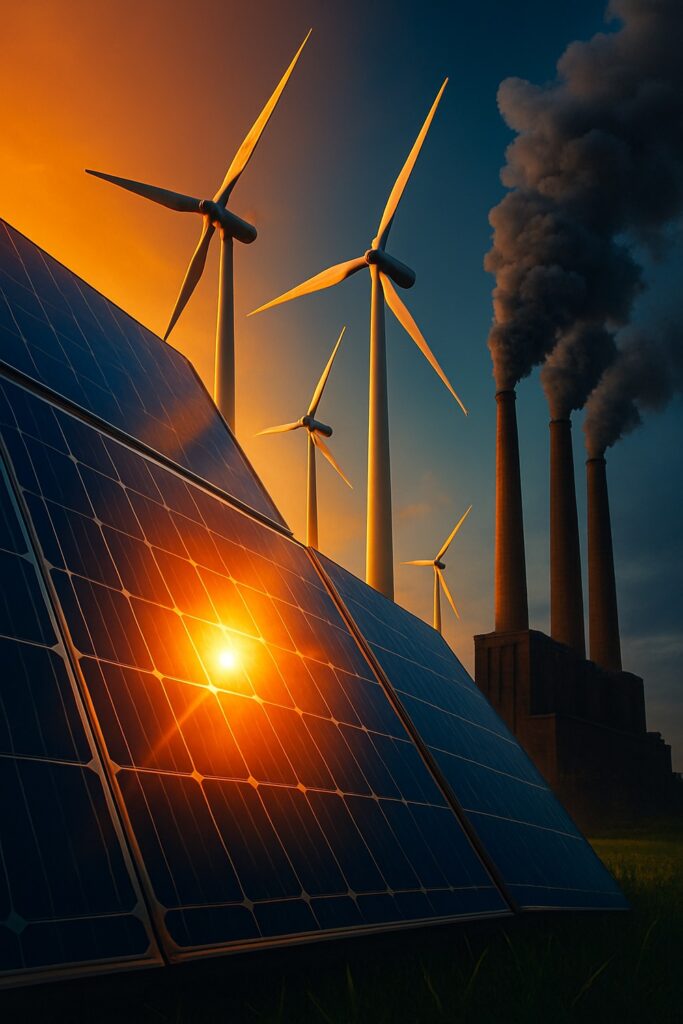 Solar panels and wind turbines contrast sharply with a coal power plant at sunset