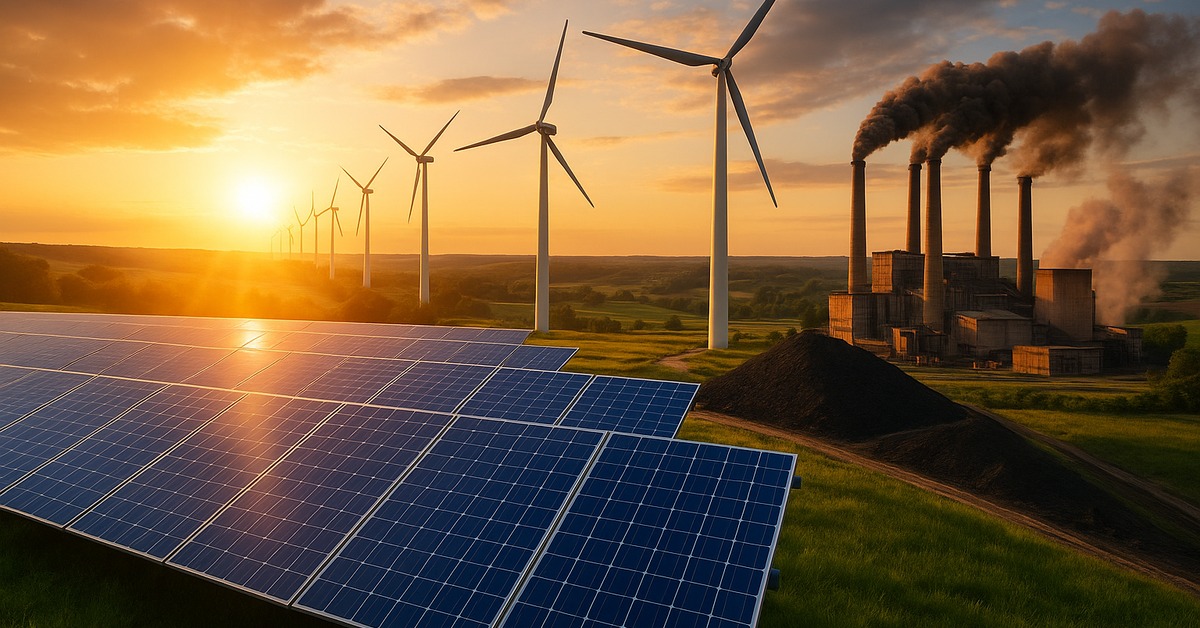 Wind turbines spin at dusk beside a coal plant releasing dark smoke plumes
